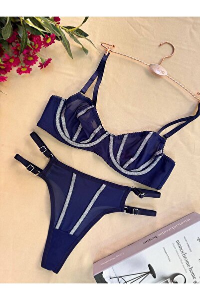 RUYAZ TEKSTİL Set de lenjerie de corp cu sutien transparent albastru bleumarin cu detaliu de dungi argintii Set de lenjerie de corp Lenjerie confortabilă