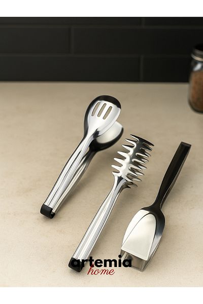 DMR LİFE 8 Pieces 5 Pieces Sauce 3 Pieces Tongs Pasta Set Silver Product 4 Mm Thickness Calik 18/10 Quality
