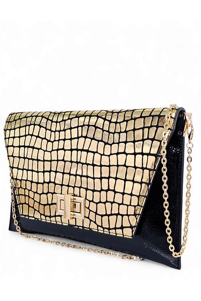 Evident Black Patent Leather & Gold Crocodile Patterned Lock Detailed Women's Portfolio & Clutch Bag
