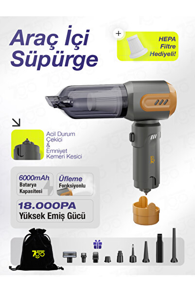 7GO AHV-14 2'si 1 Arada Kablosuz Araç İçi Süpürge Turuncu | 18000PA Güçlü Vak...