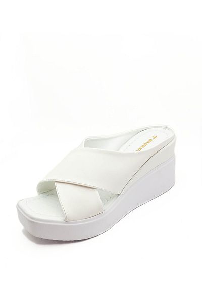 GDT Ayakkabı White Color Comfortable Wedge Heel Cross Strap Women's Slippers
