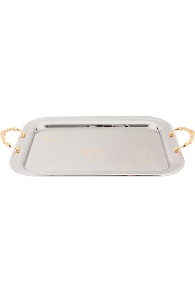Alsaif Gallery Serving Tray Set Steel, Al Seif Gallery, 51×37×2.7 / 44×32×2.7 / 36×26×2.7 cm, Golden Handle