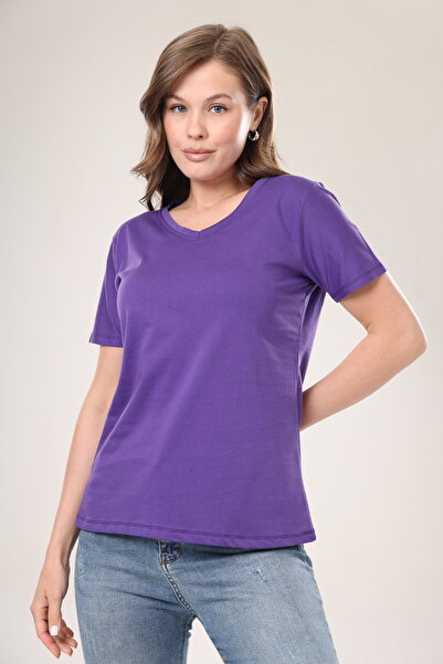 Tight Lady Süper Kalite Mor V Yaka Kadın Tişört Düz Renk Basic Organik Pamuk ...