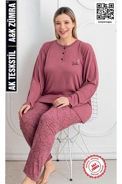 A&K ZÜMRA Natural Viscose Mother Model Summer Women's Pajama Set Pomegranate Flower