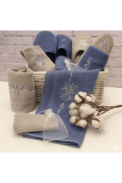 Canon Cannon Luxury Cotton Couples Bathrobe Set - 14 Pieces, Blue and Beige