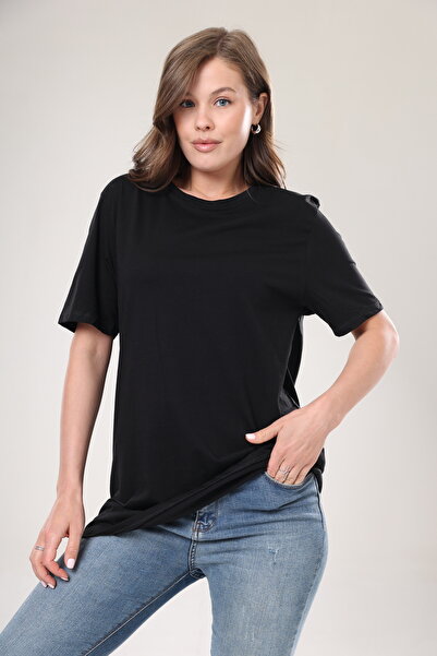 Tight Lady Süper Kalite Kadın %100 Pamuk Siyah Bisiklet Yaka Oversize Boyfriend T-shirt