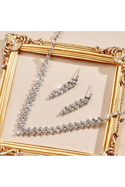 Yıldız Accessory Wedding Engagement Henna Organization Prom Stylish Simple Waterway Necklace Earrings Set of 2