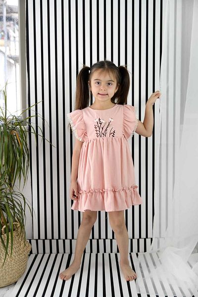 KALİNKA KİDS WEAR Girl's Pink Floral Embroidered Ruffle Dress