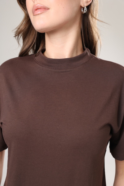 Tight Lady Γυναικείο μπλουζάκι καφέ Rib Basic - 100% οργανικό βαμβάκι, γιακάς, μισό ζιβάγκο