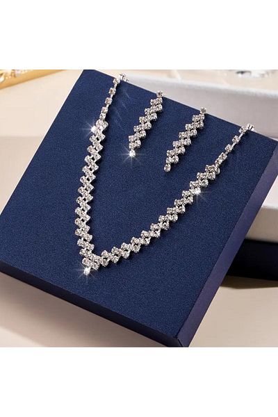 Yıldız Accessory Wedding Engagement Henna Organization Prom Stylish Simple Waterway Necklace Earrings Set of 2