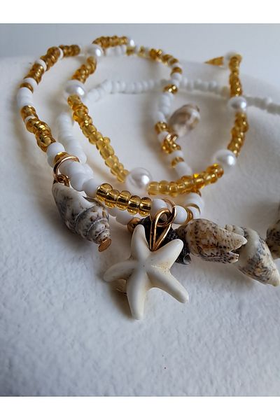 BHR AKSESUAR Beaded Triple Starfish and Seashell Anklet