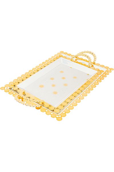 Alsaif Gallery Serving Tray Set Steel, Al Seif Gallery, 42×30×2 / 35×25×2 cm, Two Pieces, Floral Engraving - Silver