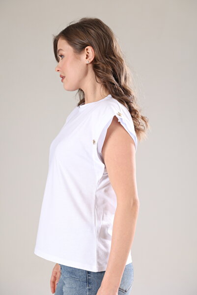 Tight Lady Πλεκτό μπλουζάκι με λαιμόκοψη σε λευκό χρώμα - 100% βαμβάκι με κουμπιά και βάτα