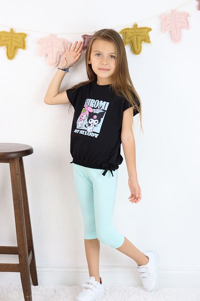 ESİLA KİDS Girl's Suit Kuromi Printed Black T-Shirt 2-Piece Leggings Suit Summer Casual Combination 3-7 Years Old