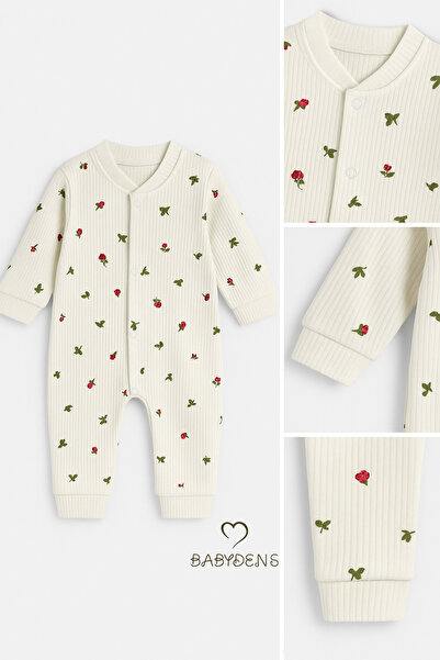 BABYDEN'S Floral Patterned Cotton Ribbed Snap Baby Romper with Cuffs Baby Girl Newborn Romper