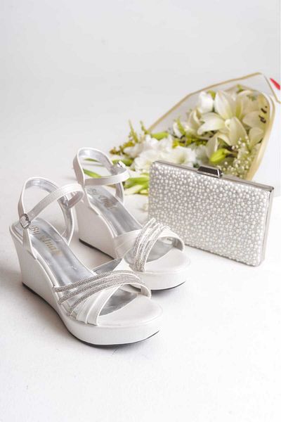 AYDOĞDU by ünal Women's Stone Design Bridal Wedding Wedding Wedge Heeled Shoes-Bag
