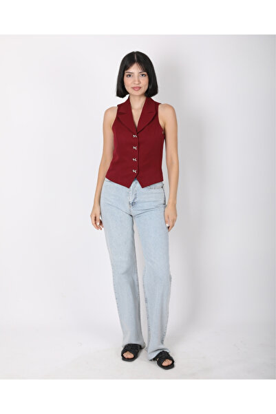 deqfashion Women's Burgundy Bow Buttoned Blazer Vest