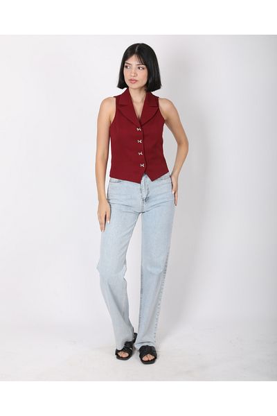 DEQ FASHION Women's Burgundy Bow Buttoned Blazer Vest