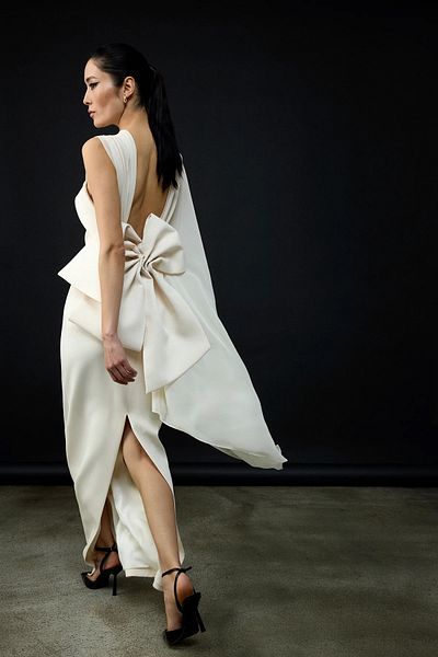 cercis Tulle Cape Back Bow Detailed Strapless Long Evening Dress