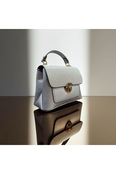 ZİVORA Geantă de mână și de umăr cu capac argintiu, cu două compartimente și curea lungă