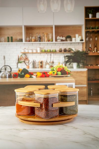 Karçiçeği Home Square Jar Set with Rotating Bamboo Stand 6 Pieces