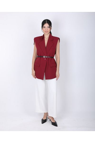 DEQ FASHION Burgundy Padded Oversize Vest with Belt