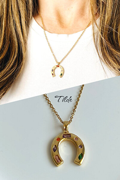 Tilde Çelik Nal Kolye Şans Kolyesi Renkli Zirkon Taşlı Gold Kolye Uğur Kolyes...