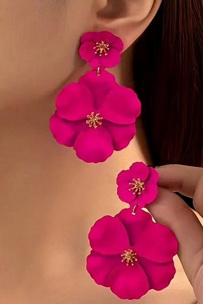 Seamoda Large Size Special Design Fuchsia Flower Metal Earrings