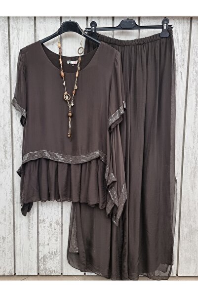 pudubutik Payetli Kahverengi İpek Bluz İtalyan