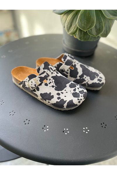 Land of Cork Women's Cow Cow Patterned Anatomical Cork Sole Slippers, Handmade Comfortable Daily Slippers