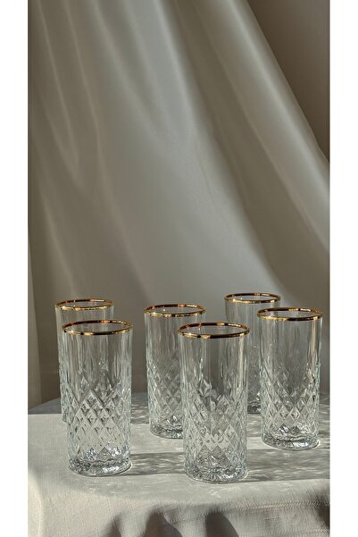 Şahika Kristal cama atılan imza Lara Gold 6’lı Meşrubat ve Su Bardağı 356 ml