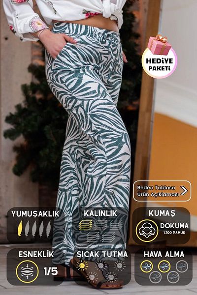 Azıcık Akıllı Women's Green Zebra Pattern Flowy Wide Leg Baggy 25Kslvh504