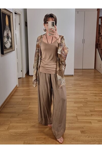 pudubutik Silk Chiffon Trousers Brown Italian