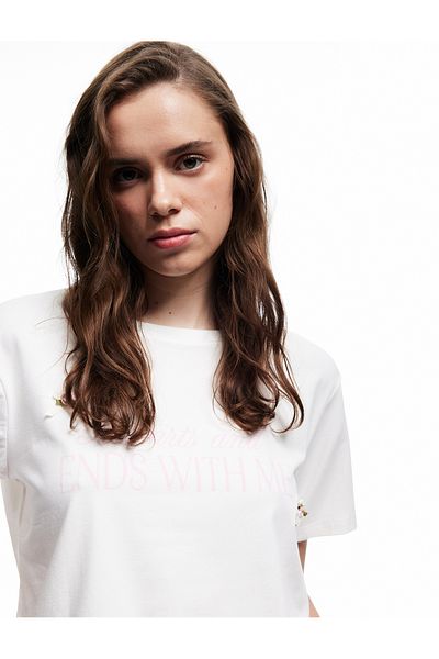 Koton Cotton Short Sleeve Crew Neck Bow Detailed Printed T-Shirt