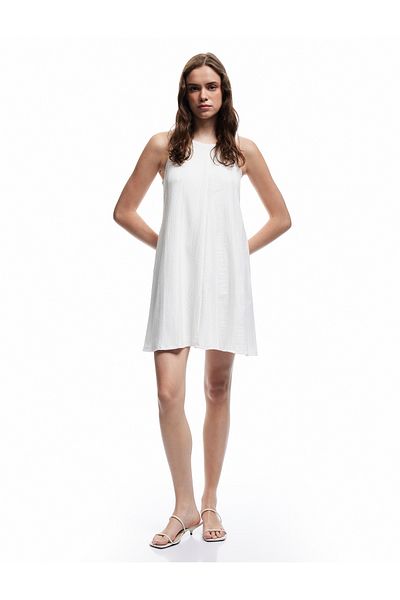 Koton Lined Wrinkle Fabric Embroidered Scalloped U-Neck Sleeveless Mini Dress
