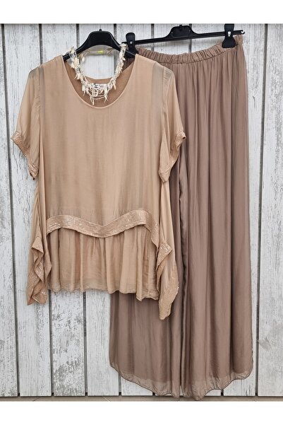 pudubutik Silk Chiffon Trousers Brown Italian