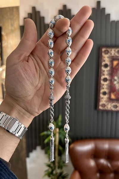 dergah tesbih Handcrafted Silver Design Caged Blue Zaza Rosary