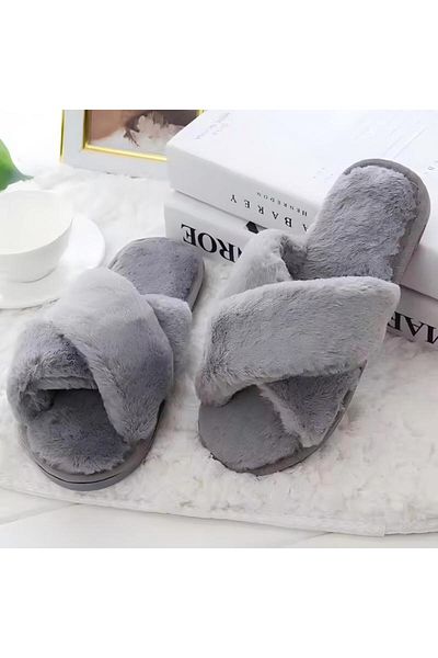 Generic Faux Fur Open Toe Flat Slippers Grey Cross Plush Slippers Indoor Warm Cotton Slippers