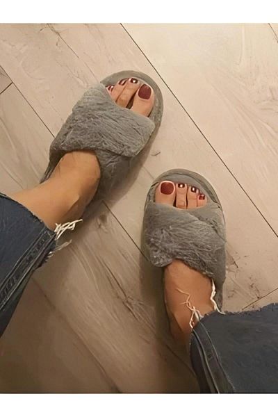 Generic Faux Fur Open Toe Flat Slippers Grey Cross Plush Slippers Indoor Warm Cotton Slippers