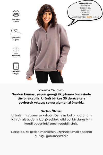 JUSTEVER Oversize Fit Stand Collar Semi Zippered Raised Gray Women's Sweatshirt - Cass