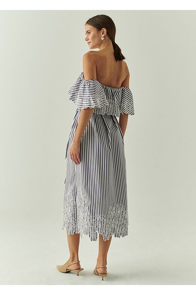 Exquise Embroidery Detailed Striped Off-The-Shoulder Ruffle Midi Dress