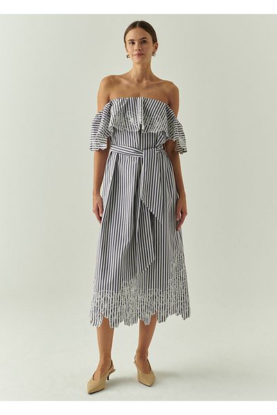 Exquise Embroidery Detailed Striped Off-The-Shoulder Ruffle Midi Dress