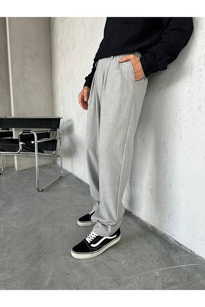 Gambocci Men's Baggy Wide Casual Pleated Elastic Waist Fabric Pants