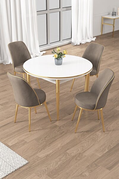 Canisa Osle Serisi 90x90 Beyaz Mutfak Masa Takımı 4 Cappucino Sandalye Gold Detay