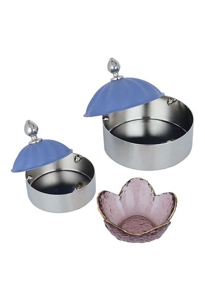 Alsaif Gallery Al Saif Gallery Steel Toferia Set, 41x26x4 cm, 2 dates with blue lid, glass bowl, 4 pieces - silver