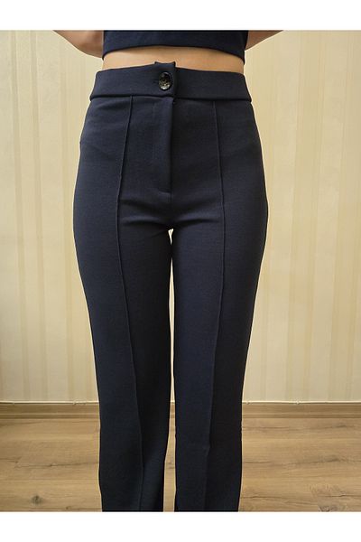 MODASPARK Navy Blue High Waist Gathered Flare Leg Women's Palazzo Trousers