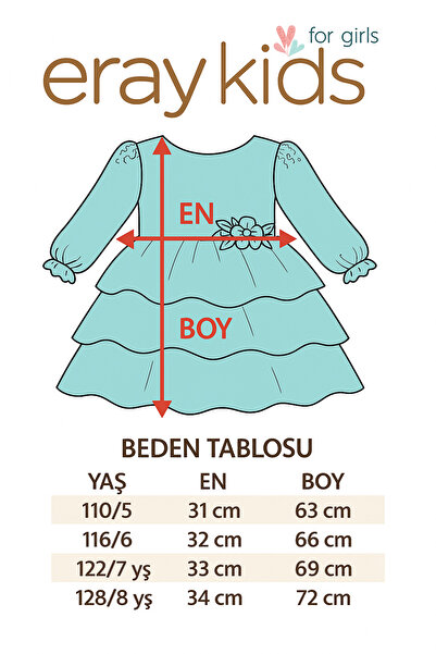 Eray Kids Kız Çocuk Abiye Elbise Eteği Fırfırlı Dantel Kollu Çiçek Detay Şık Elbise 5-8 Yaş