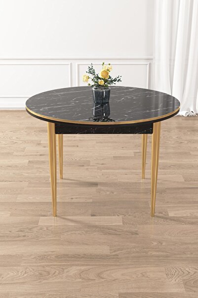 Canisa Osle Serisi 90x90 Yuvarlak Siyah Mermer Desen Mutfak Masa Takımı 4 Sandalye Gold Detay