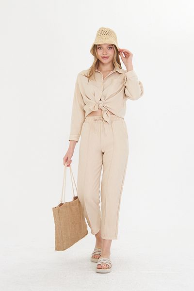 THIFF GYMWEAR Beige Women's Linen Shirt and Pants Set