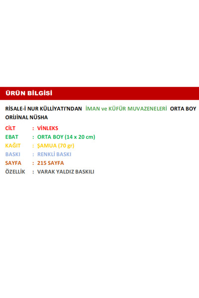 Sözler Neşriyat Risale-i Nur Külliyatından Iman Ve Küfür Muvazeneleri (orta Boy 20 Cm)